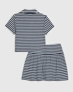 Girls Blue Stripe Polo Shirt And Skirt Set