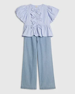 Girls Blue Striped Top And Jeans Set