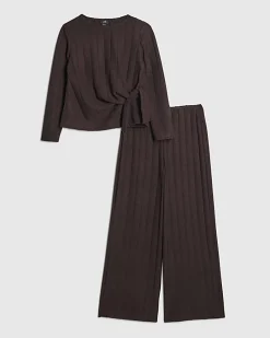 Girls Brown Cosy Ribbed Top Set
