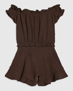 Girls Brown Crinkle Lace Trim Bardot Playsuit
