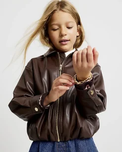 Girls Brown Faux Leather Bomber Jacket
