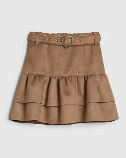 Girls Brown Faux Suede Belted Skirt