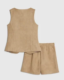Girls Brown Faux Suede Waistcoat Set