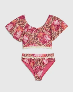 Girls Brown Floral Leopard Bikini Set