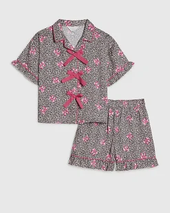 Girls Brown Leopard Bow Print Satin Pyjamas