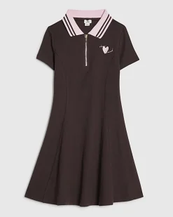 Girls Brown Ribbed Zip Polo Dress