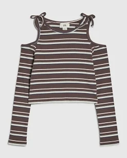 Girls Brown Stripe Cold Shoulder Top