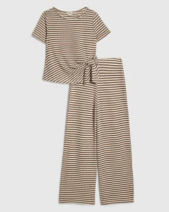 Girls Brown Stripe Textured Wrap T-shirt Set
