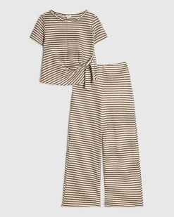 Girls Brown Striped Knot Front T-Shirt Set