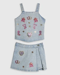 Girls Cowboy Sequin Top and Skort Denim Set