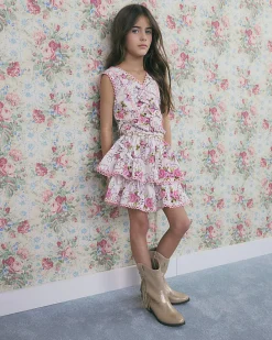 Girls Cream Bow Cotton Top And Skirt Set
