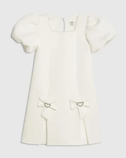 Girls Cream Bow Hem Puffy Sleeve Dress