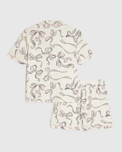 Girls Cream Bow Print Short Sleeve Pyjamas