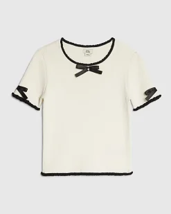 Girls Cream Bow Ruffle Trim Knitted T-Shirt