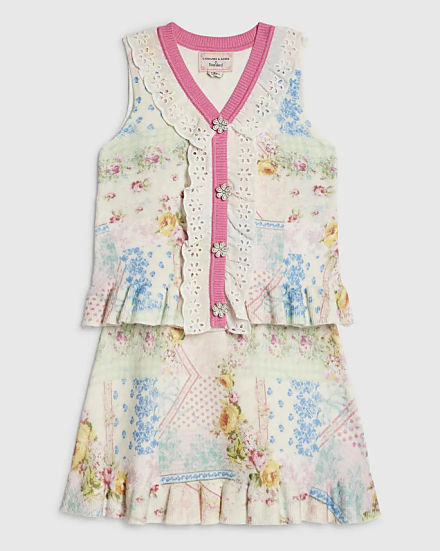 Girls Cream Cabbages & Roses Floral Skirt Set