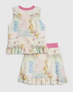 Girls Cream Cabbages & Roses Floral Skirt Set