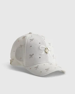 Girls Cream Diamante Bow Cap