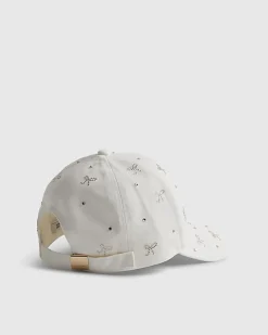 Girls Cream Diamante Bow Cap
