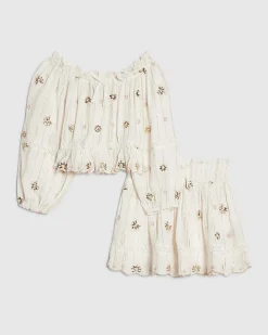 Girls Cream Embroidered Skirt Set
