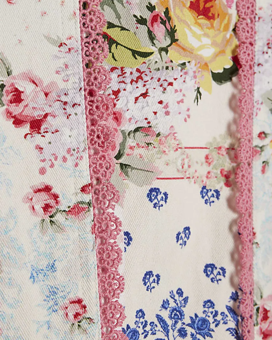 Girls Cream Floral Print Tiered Cotton Dress