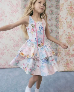 Girls Cream Floral Print Tiered Cotton Dress