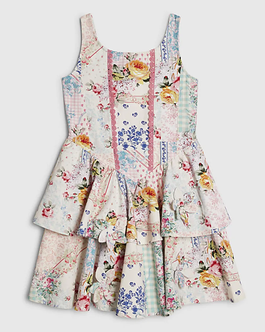 Girls Cream Floral Print Tiered Cotton Dress