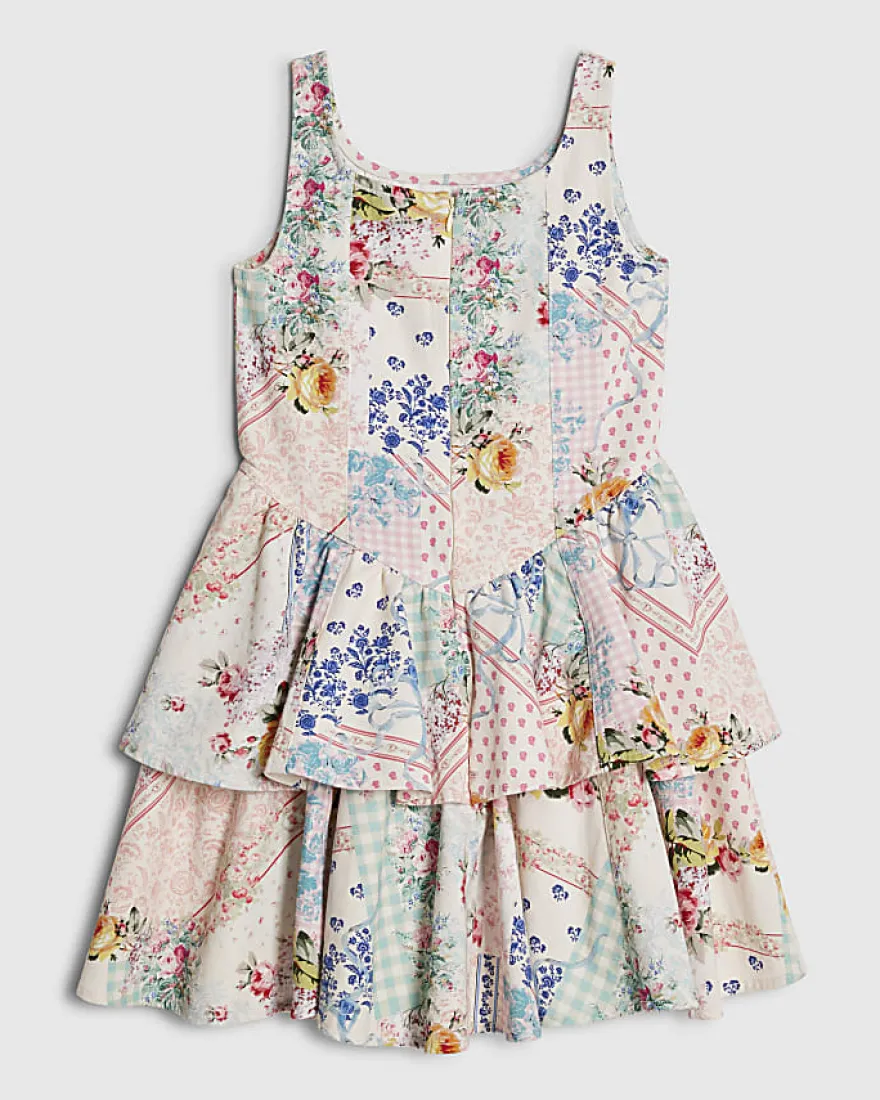 Girls Cream Floral Print Tiered Cotton Dress