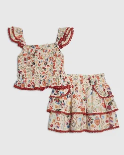 Girls Cream Floral Print Skirt Set
