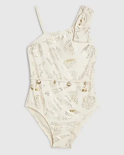 Girls Cream Foil Shell Swimsuit