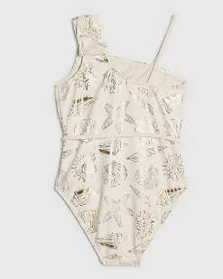 Girls Cream Foil Shell Swimsuit