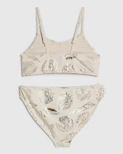 Girls Cream Gold Foil 3D Flower Bikini Set
