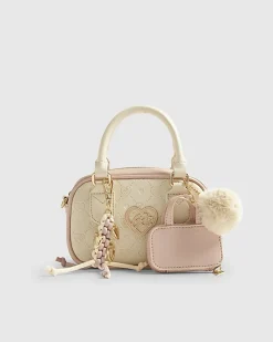 Girls Cream Monogram Charm Mini Bowler Bag