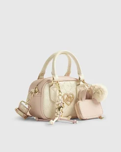 Girls Cream Monogram Charm Mini Bowler Bag
