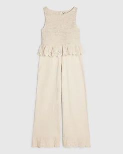 Girls Cream Peplum Top Trousers Set