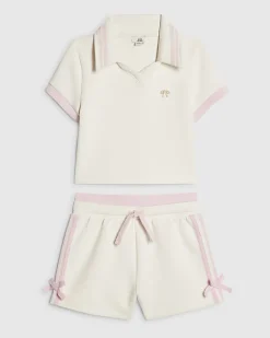 Girls Cream Polo Shirt And Shorts Set
