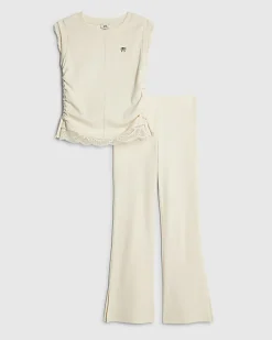 Girls Cream Ruched Ribbed Leggings Set