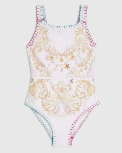 Girls Cream Sealife Chain Print Swimsuit