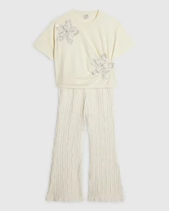 Girls Cream Sequin T-shirt & Trouser Set