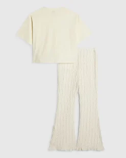 Girls Cream Sequin T-shirt & Trouser Set