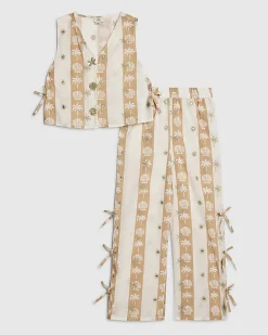 Girls Cream Shell Stripe Trouser Set