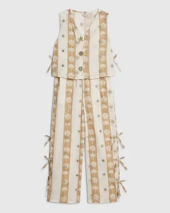 Girls Cream Shell Stripe Trouser Set