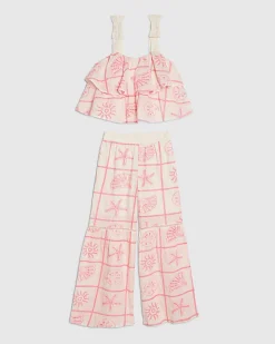 Girls Cream Tiered Broderie Top Set