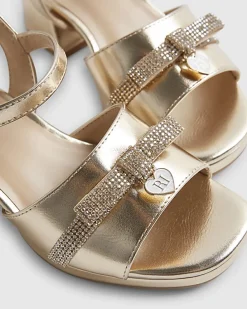Girls Gold Diamante Bow Strappy Heels