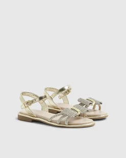 Girls Gold Diamante Strappy Bow Sandals
