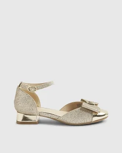 Girls Gold Glitter Bow Heel Mary Jane Shoes