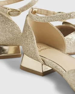 Girls Gold Glitter Bow Heel Mary Jane Shoes
