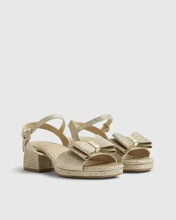 Girls Gold Glitter Bow Heeled Sandals