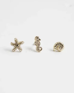 Girls Gold Sealife Pack Of 3 Stud Earrings