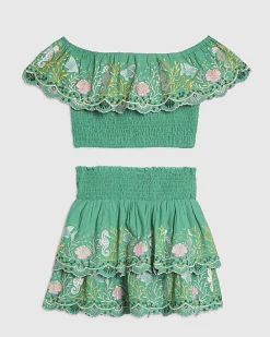 Girls Green Seahorse Beaded Top & Skirt Set