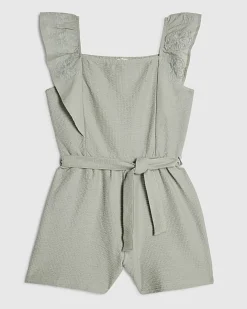 Girls Green Shirred Floral Playsuit